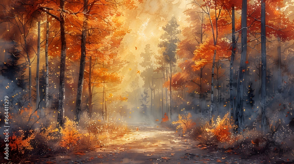 Obraz premium A watercolor painting of an autumn forest path, leaves in vibrant fall colors, sunlight streaming through the trees, creating a golden glow, a sense of peace and tranquility.