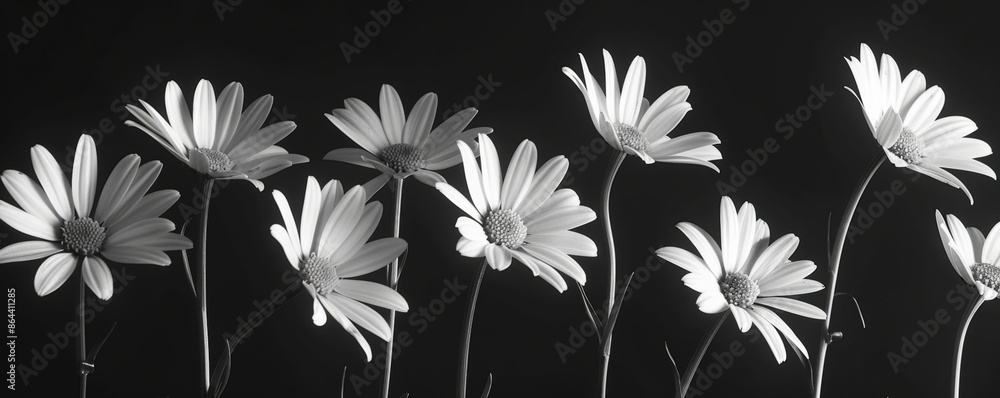 Black and white daisy flowers in a row Black and white daisy flowers in a row
