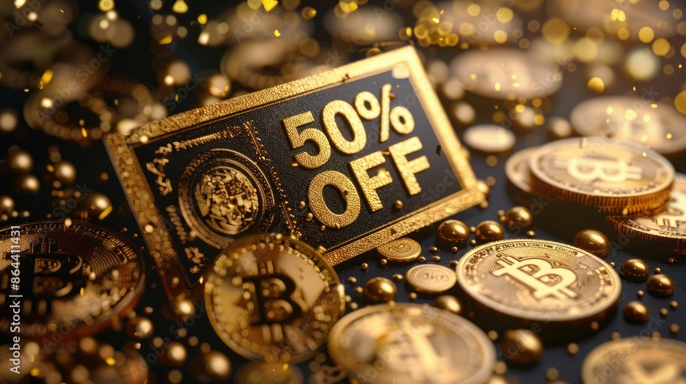Golden Bitcoin cryptocurrency coins with a 50% off discount sign, showcasing a special offer and financial savings in the digital currency market. Golden Bitcoin cryptocurrency coins with a 50% off discount sign, showcasing a special offer and financial savings in the digital currency market.