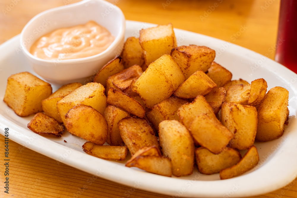 patatas bravas (spicy potatoes) A traditional snack in Spain consisting of baked or boiled potatoes dipped in sauce, Spanish Cuisine patatas bravas (spicy potatoes) A traditional snack in Spain consisting of baked or boiled potatoes dipped in sauce, Spanish Cuisine