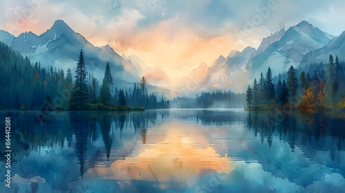 A watercolor scene of a calm lake with mirror-like reflections of trees and mountains, the sky painted with the warm colors of sunset, a serene and tranquil setting.