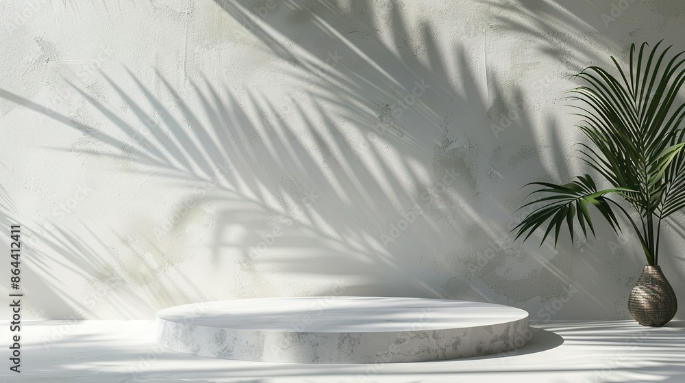 Minimalist White Platform with Palm Tree and Shadow Minimalist White Platform with Palm Tree and Shadow