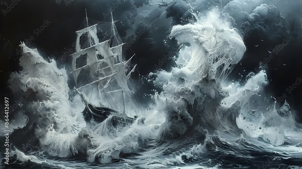 Fototapeta premium Structural Terror, A monstrous wave made of skeletal structures rising to engulf a boat. Chalk Drawing Art, 4K, tv show quality