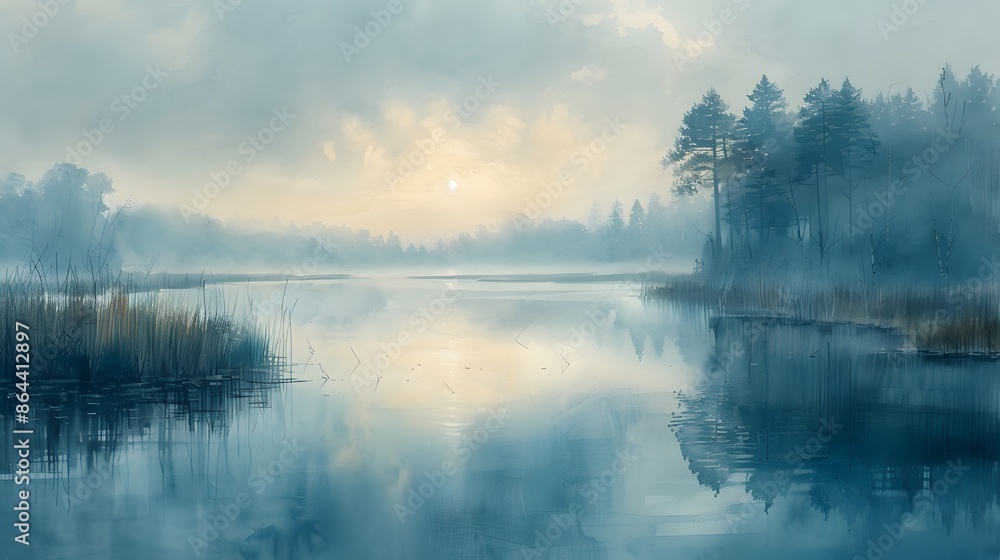 Fototapeta premium A watercolor scene of a marshland shrouded in morning fog, the mist creating a dreamy atmosphere, distant trees barely visible, the water still and reflective, a serene and tranquil environment.