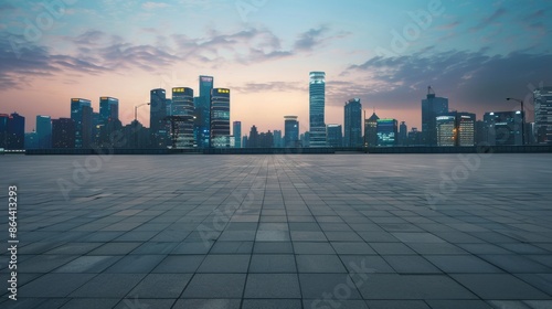 Empty square floor with city skyline background, Modern cityscape allure, contemporary cityscape vista © Mabel