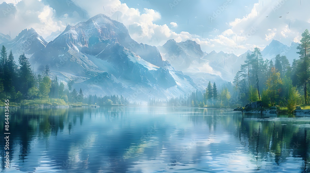 A watercolor scene of a tranquil lake surrounded by trees and mountains, the water perfectly reflecting the landscape, a clear blue sky with soft clouds, a serene and peaceful setting. A watercolor scene of a tranquil lake surrounded by trees and mountains, the water perfectly reflecting the landscape, a clear blue sky with soft clouds, a serene and peaceful setting.
