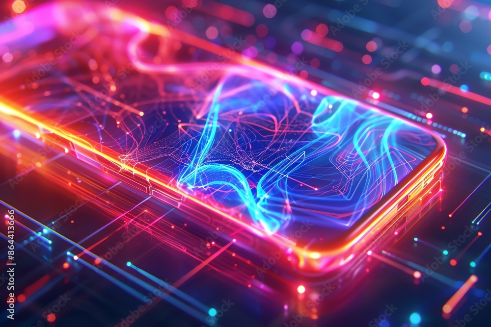 Smartphone with glowing lines and futuristic design, representing mobile technology, 5G network, and AI innovation Smartphone with glowing lines and futuristic design, representing mobile technology, 5G network, and AI innovation