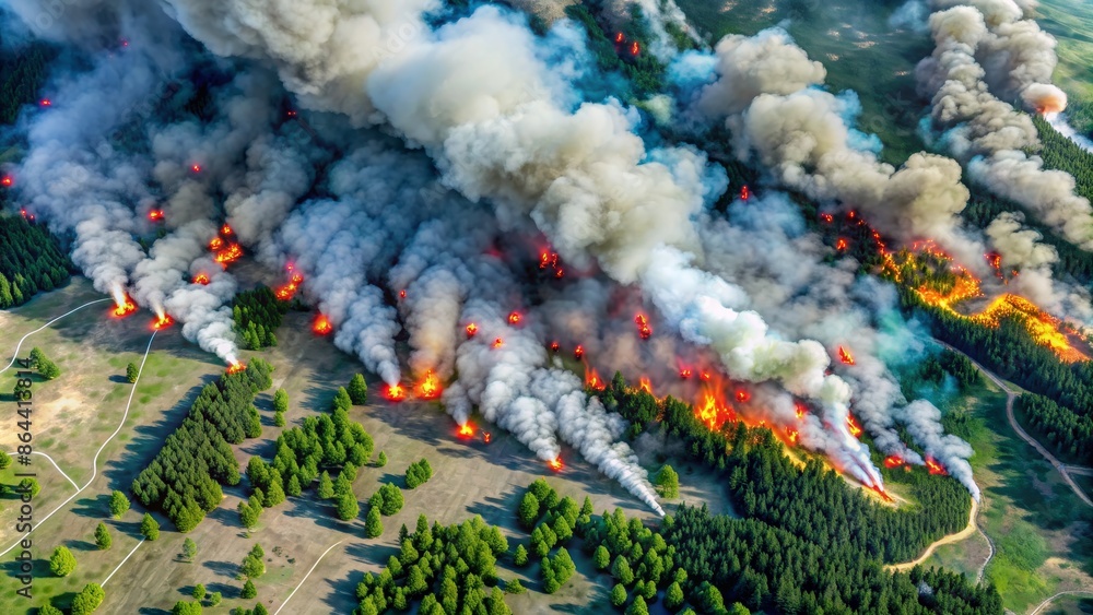 Aerial View of Forest Fire with Smoke Plumes Aerial View of Forest Fire with Smoke Plumes