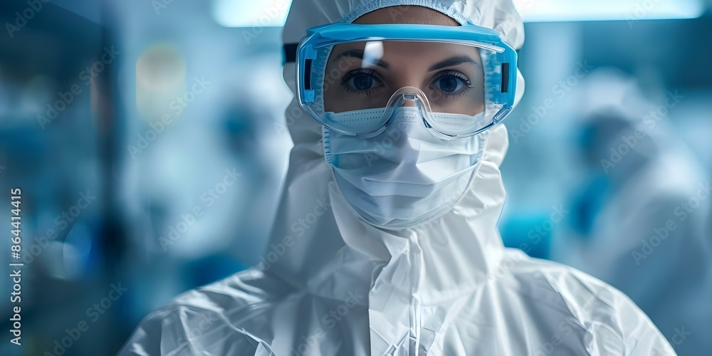 Biotech facility employee in sterile environment donning protective gear. Concept Biotech Facility, Sterile Environment, Protective Gear, Employee Safety Biotech facility employee in sterile environment donning protective gear. Concept Biotech Facility, Sterile Environment, Protective Gear, Employee Safety