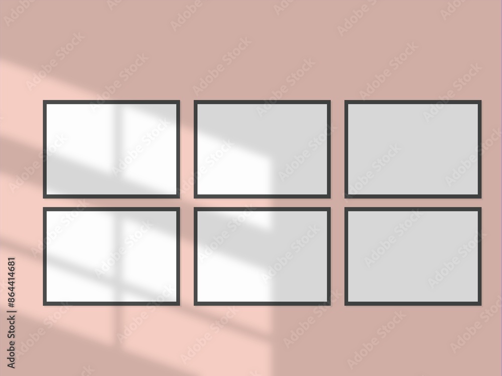 Frames on wall, gallery wall for photo, art, design presentation, frame mockup, soft pink background. Frames on wall, gallery wall for photo, art, design presentation, frame mockup, soft pink background.