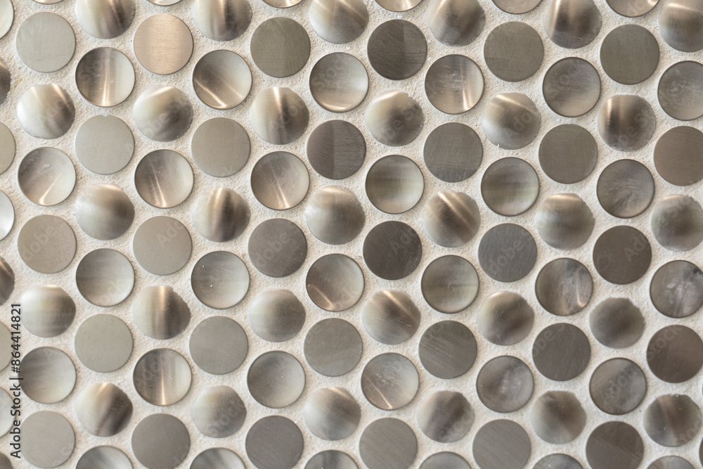 Close-Up Of Circular Metallic Tiles in Bathroom Shower Close-Up Of Circular Metallic Tiles in Bathroom Shower