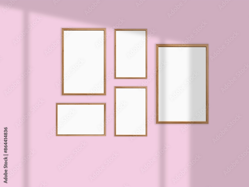 Frames on wall, gallery wall for photo, art, design presentation, frame mockup, soft pink background. Frames on wall, gallery wall for photo, art, design presentation, frame mockup, soft pink background.