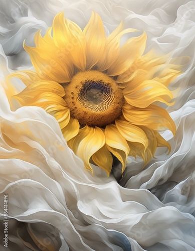 Beautiful sunflower on an abstract wavy background. Decorative wallpaper.