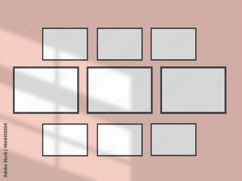 Frames on wall, gallery wall for photo, art, design presentation, frame mockup, soft pink background. Frames on wall, gallery wall for photo, art, design presentation, frame mockup, soft pink background.