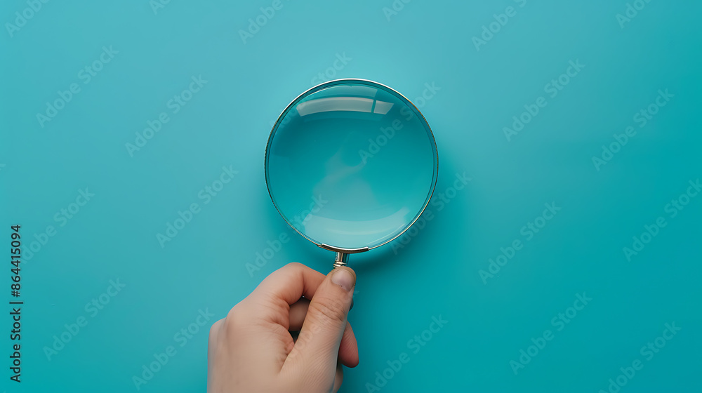 Hand Holding Magnifying Glass: Search and Exploration - Person Holding Magnifying Glass on Blue Background Hand Holding Magnifying Glass: Search and Exploration - Person Holding Magnifying Glass on Blue Background