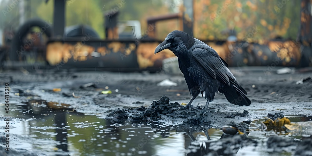 Raven in contaminated urban setting with polluted water. Concept Urban Decay, Pollution, Ravens, Contaminated Water, Nature Amidst City