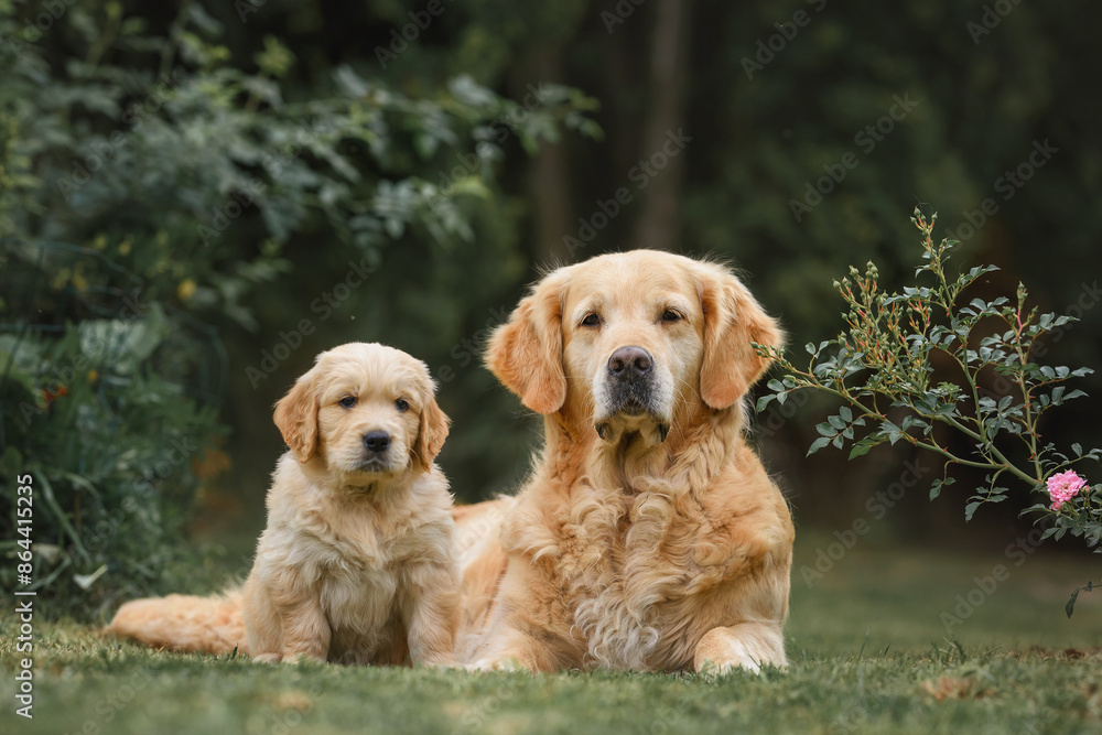 family dog golden retriever labrador on the road. adult golden retriever dogs with cute newborn puppies family dog golden retriever labrador on the road. adult golden retriever dogs with cute newborn puppies