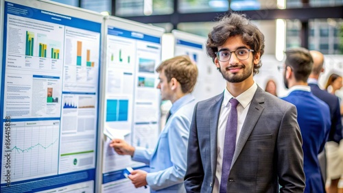 Businessman in Suit at Conference with Poster Presentation, Graphs and Data Analysis