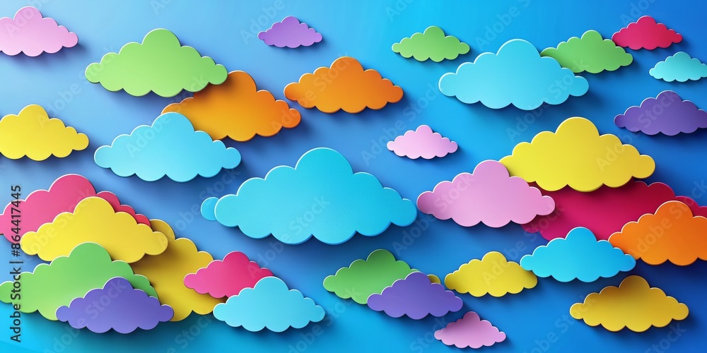 Colorful Paper Clouds on Blue Background - 3D Illustration Colorful Paper Clouds on Blue Background - 3D Illustration