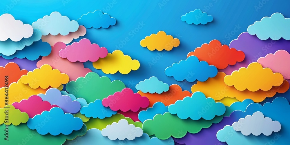 Colorful Paper Clouds on Blue Background - Abstract Modern Design Colorful Paper Clouds on Blue Background - Abstract Modern Design