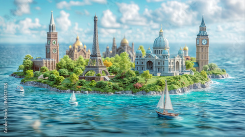 Sustainable and ecological travel concept. Miniature Island with Iconic world landmarks in a Coastal Cityscape #864417418