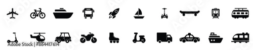 Set of Transport and Vehicle Icons. Diverse Transportation Icon Collection - Air, Land, and Sea Vehicles.