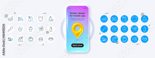 Phone mockup with 3d map pin icon. Washing hands, Grill pan and Household service line icons. Pack of Clean hands, Dont touch, Toilet paper icon. Cleaning liquids, Dry t-shirt, Glass pictogram. Vector