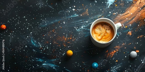 Chalkboard with coffeetea cup in space black grunge texture colorful elements. Concept Space Theme, Chalkboard Background, Coffee/Tea Cup, Grunge Texture, Colorful Elements photo