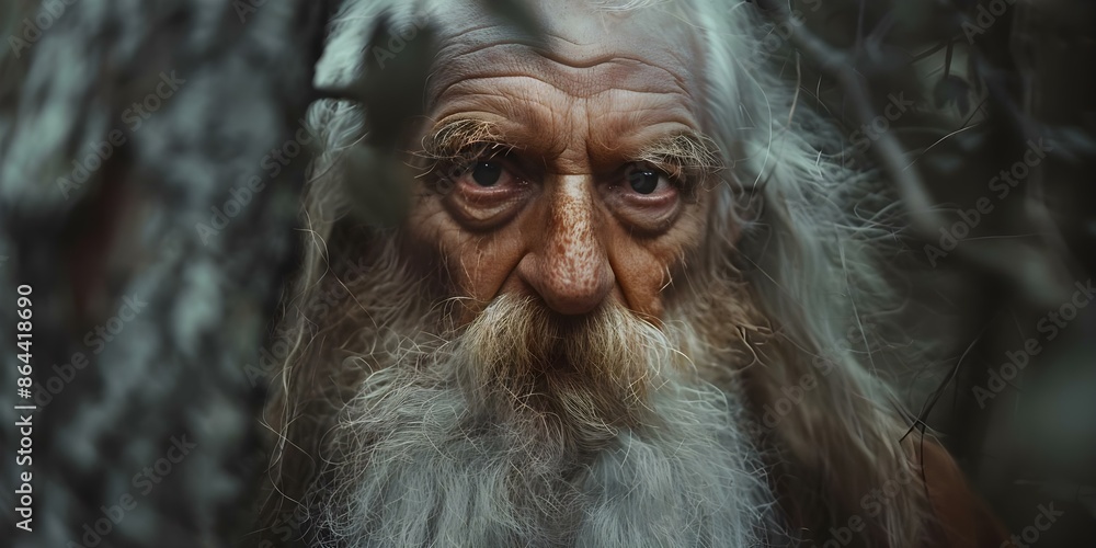 Closeup of a realistic dwarf with long white beard in forest. Concept Fantasy Photoshoot, Dwarf Character, Close-up Portrait, Enchanted Forest, Long White Beard Closeup of a realistic dwarf with long white beard in forest. Concept Fantasy Photoshoot, Dwarf Character, Close-up Portrait, Enchanted Forest, Long White Beard