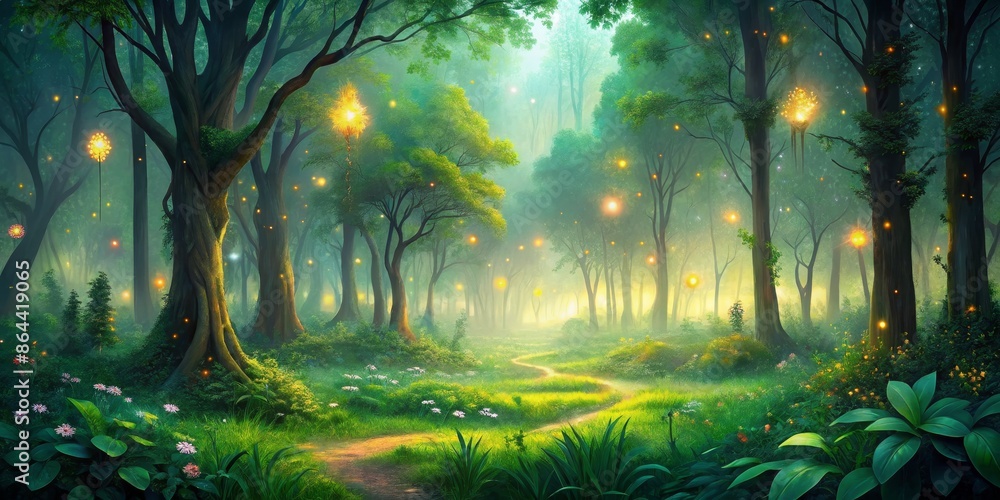 Enchanting Path Through a Mystical Forest with Glowing Lights Enchanting Path Through a Mystical Forest with Glowing Lights