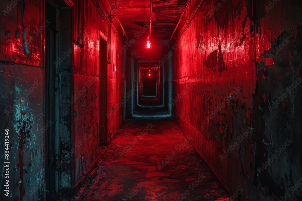 Abandoned creepy hallway with eerie red lighting Abandoned creepy hallway with eerie red lighting
