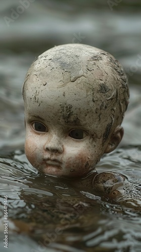 A filthy decapitated doll s head drifts in the water photo