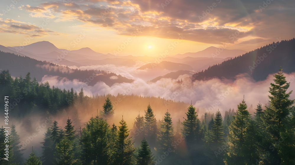 Nature forest Natural pine forest mountains horizon. Landscape wallpaper. Sunrise and sunset. Colorful view background.