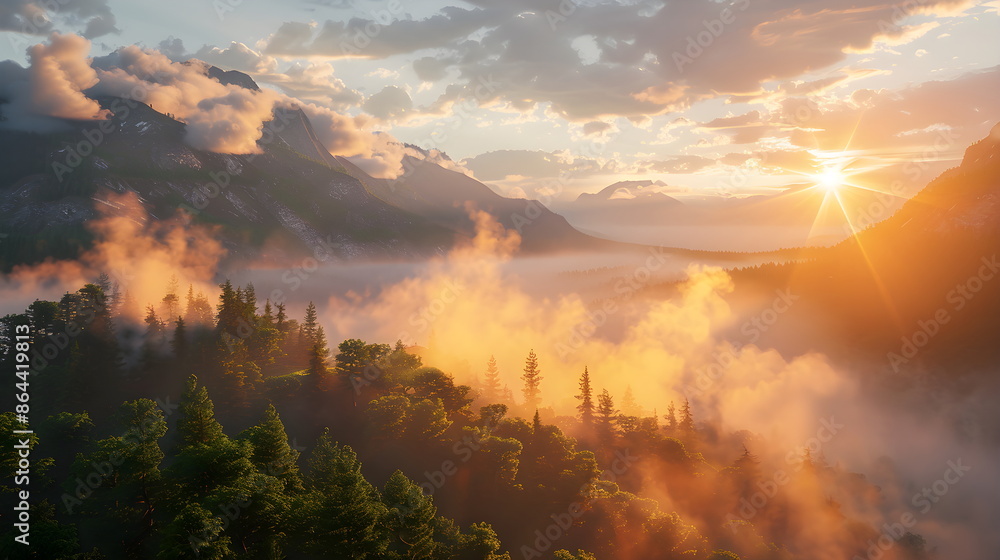 Obraz premium Nature forest Natural pine forest mountains horizon. Landscape wallpaper. Sunrise and sunset. Colorful view background.