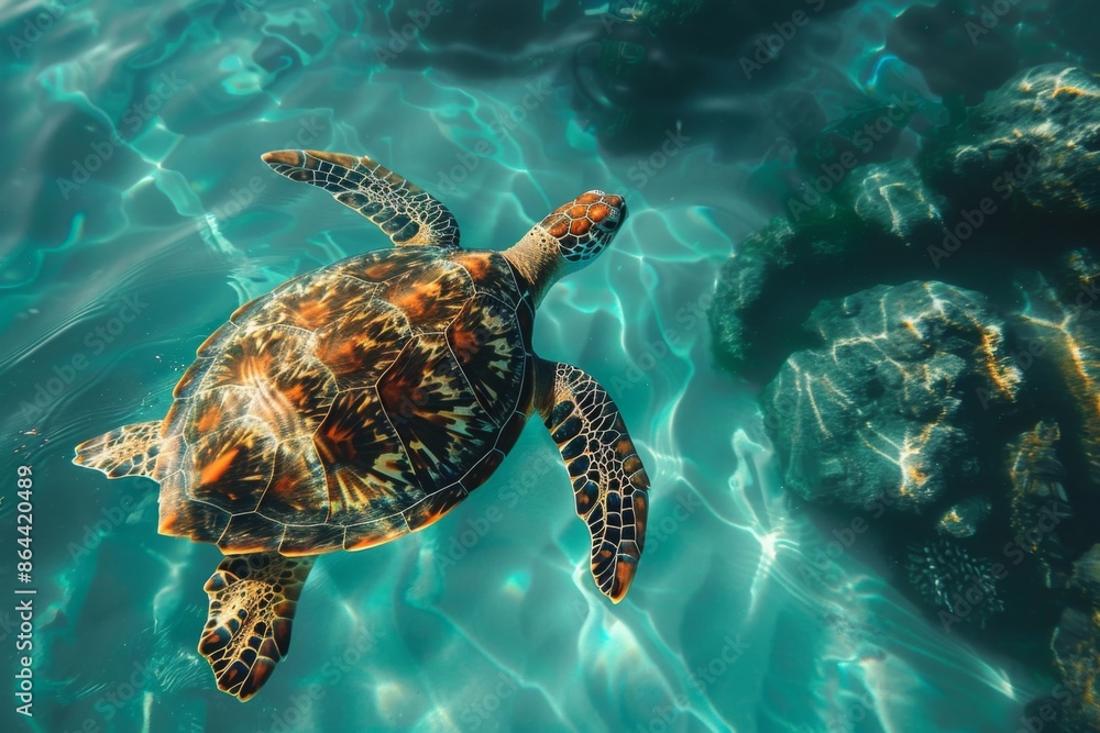 Fototapeta premium Sea Turtle Swimming in Crystal Clear Ocean Waters