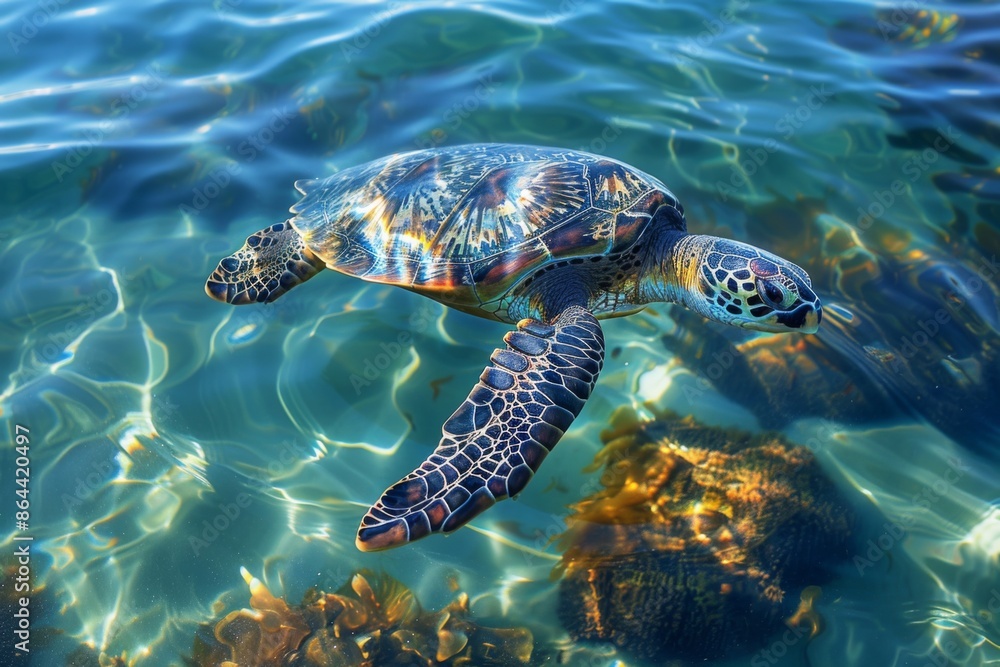 Fototapeta premium Sea Turtle Swimming in Clear Ocean Water