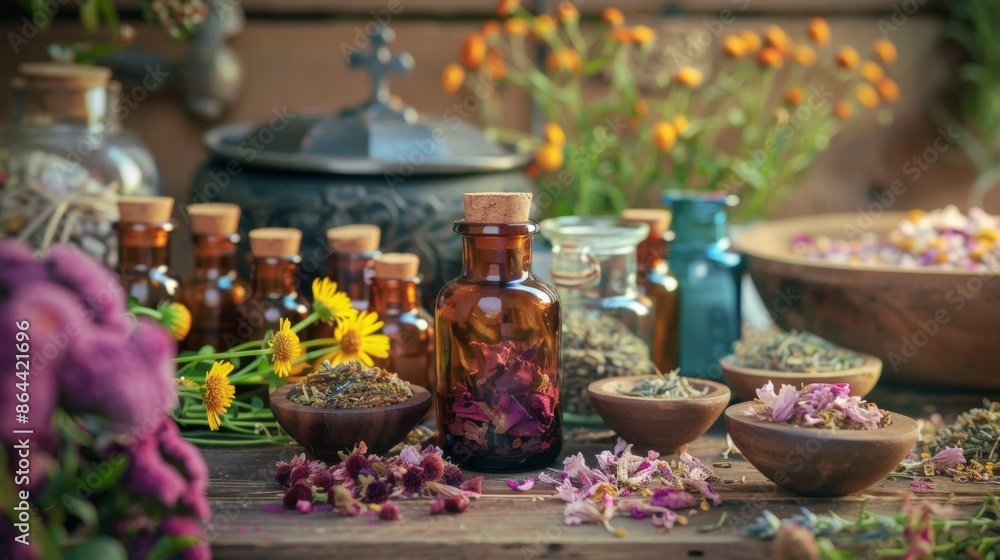 Herbal Bottles and Dried Flowers on Rustic Table Herbal Bottles and Dried Flowers on Rustic Table