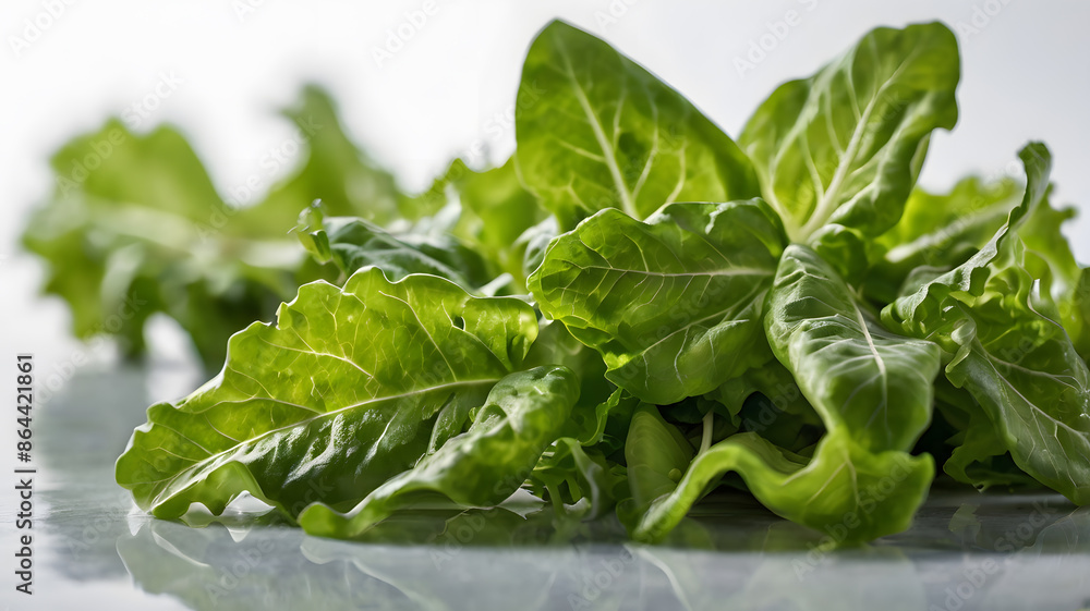 A high-resolution image of a single fresh green salad leaf on a white background, highlighting its vibrant color and delicate vein and edge texture under soft, diffused lighting A high-resolution image of a single fresh green salad leaf on a white background, highlighting its vibrant color and delicate vein and edge texture under soft, diffused lighting
