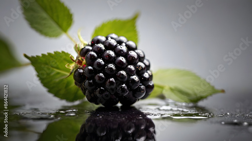 A high-resolution photograph of a single fresh blackberry on a clean white background, showcasing its deep black color and detailed drupelets under soft, natural lighting photo