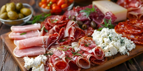 Classic Spanish tapas featuring ham salami goat cheese and assorted meats. Concept Spanish Tapas, Ham, Salami, Goat Cheese, Assorted Meats photo