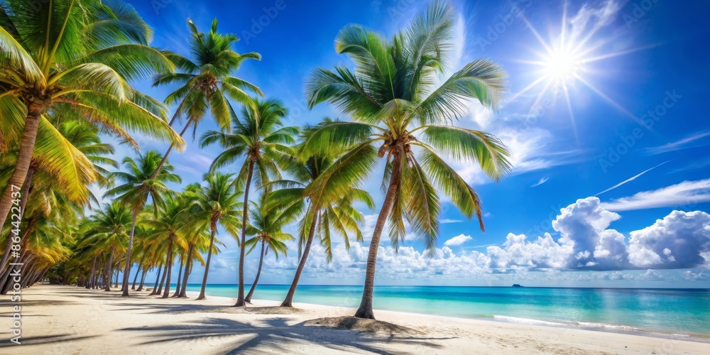 Idyllic Palm Tree Lined Beach with Bright Sun and Blue Skies Idyllic Palm Tree Lined Beach with Bright Sun and Blue Skies