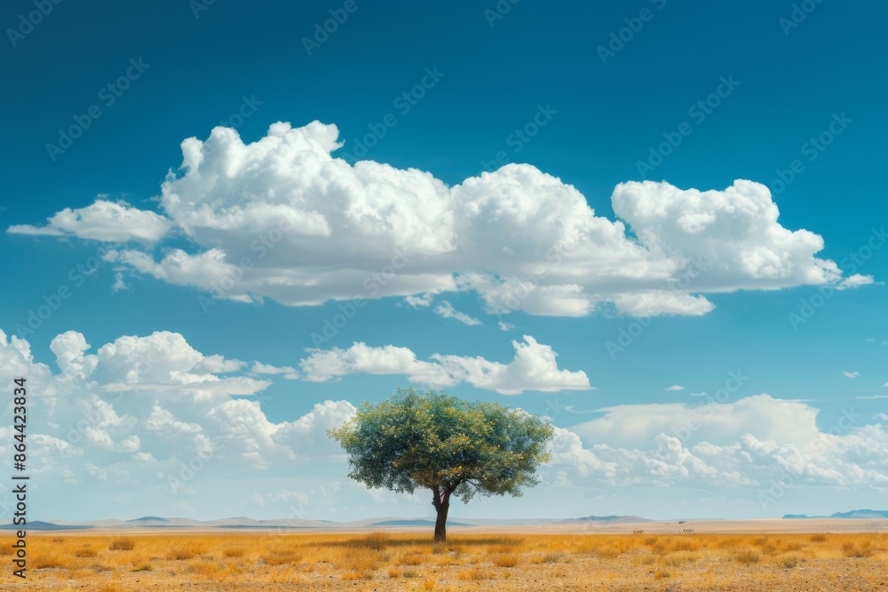 Single Tree Against Vast Blue Sky and Rolling Clouds Single Tree Against Vast Blue Sky and Rolling Clouds