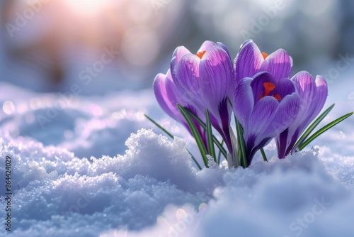 Purple crocus flowers blooming through snow