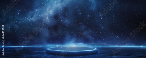 Circular futuristic platform with glowing blue lights under a starlit sky
