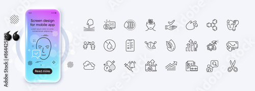 Face accepted, No waterproof and Demand curve line icons for web app. Phone mockup gradient screen. Pack of 5g internet, Electronic thermometer, World water pictogram icons. Vector