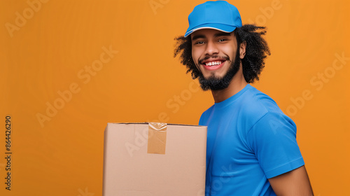 box delivery man, orange background, copy space photo