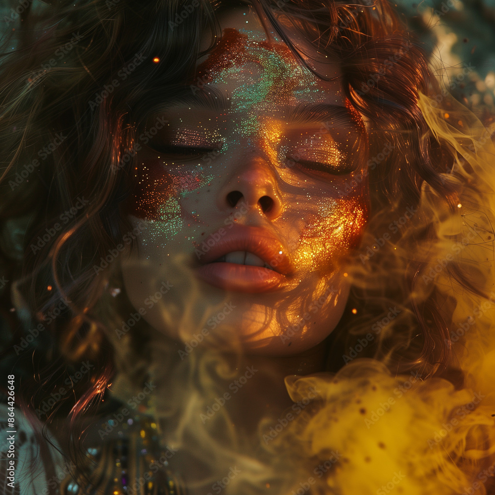 A close-up artistic photograph of a woman with wavy hair, her face covered in vibrant, colorful glitter and bathed in warm, golden light, creating a surreal and magical atmosphere. A close-up artistic photograph of a woman with wavy hair, her face covered in vibrant, colorful glitter and bathed in warm, golden light, creating a surreal and magical atmosphere.