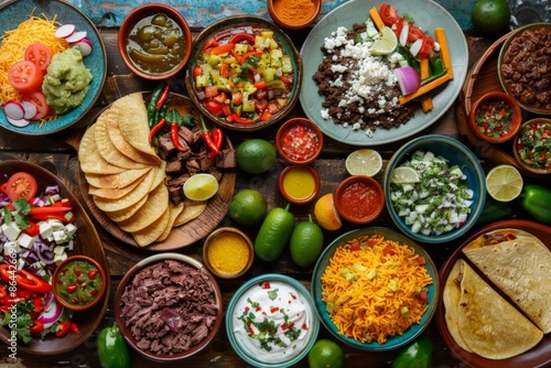 Mexican feast with colorful dishes