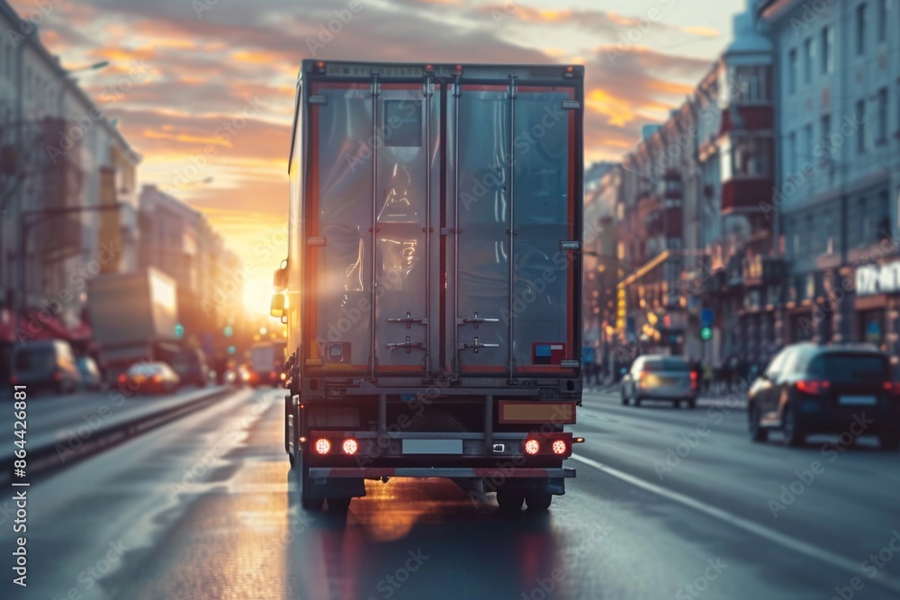 Obraz premium Truck on City Street at Sunset