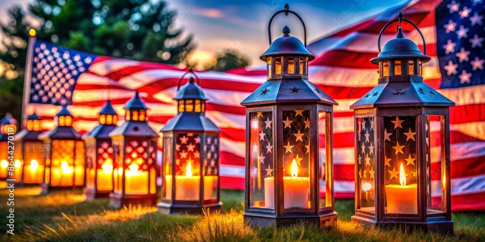 Obraz premium Patriotic Lanterns Glowing in Grass with American Flag